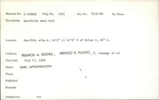 Documentation associated with Hearst Museum object titled Worked stone, accession number 1-109595, described as Quartzite, core tool.