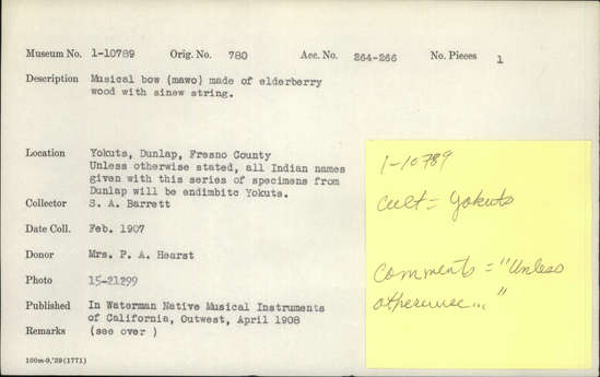 Documentation associated with Hearst Museum object titled Musical bow, accession number 1-10789, described as Musical bow made of elderberry wood with sinew string.