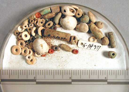 Hearst Museum object 3 of 6 titled Beads, accession number 6-14377, described as Beads: 4 shell tubular; 8 shell barrel-shaped; 6 shell spherical; Mass mixed discs