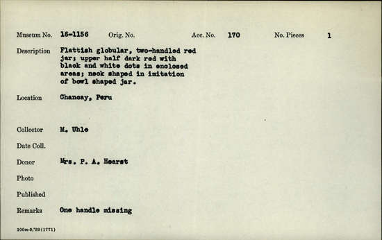 Documentation associated with Hearst Museum object titled Flattish, globular, two-handled red jar, accession number 16-1156, described as Flattish globular, two-handled red jar; upper half red with black and white dots in enclosed areas; neck shaped in imitation of bowl shaped jar