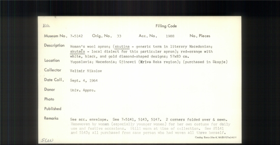 Documentation associated with Hearst Museum object titled Apron, accession number 7-5142, described as Woman's wool apron; (skutina - generic term in literary Macedonian; skutača - local dialect for this particular apron); red-orange with white, black, and gold diamond-shaped designs; 57 x 83 cm