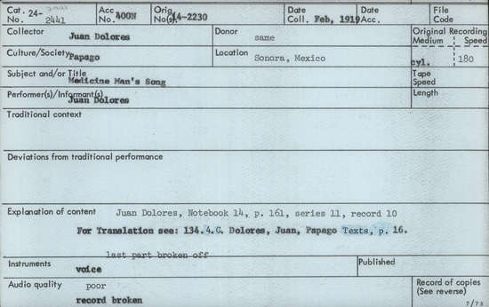 Documentation associated with Hearst Museum object titled Audio recording, accession number 24-2441, described as Medicine Man's Song Notebook 14, p. 160 Series 11, Record 10