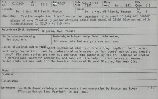 Documentation associated with Hearst Museum object titled Textile fragment, accession number 5-11159, described as Textile sample (section of narrow band weaving): side panel of tan; off center stripe of navy flanked by yellow stripes; other side panel of light blue ground with black stripes.