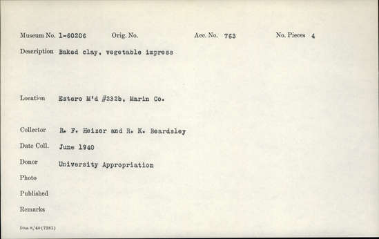 Documentation associated with Hearst Museum object titled Vegetal impressions, accession number 1-60206, described as Baked clay. Notice: Image restricted due to its potentially sensitive nature. Contact Museum to request access.