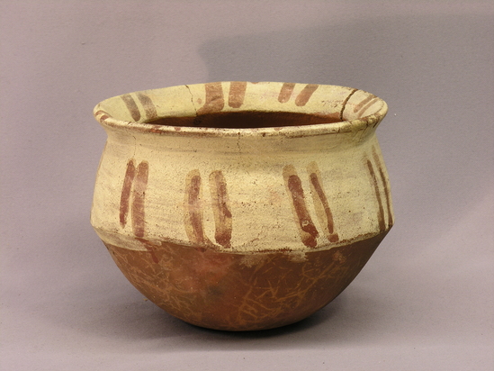 Hearst Museum object 5 of 5 titled Bowl, accession number 4-2810, described as Deep bowl, upper part white, red lines