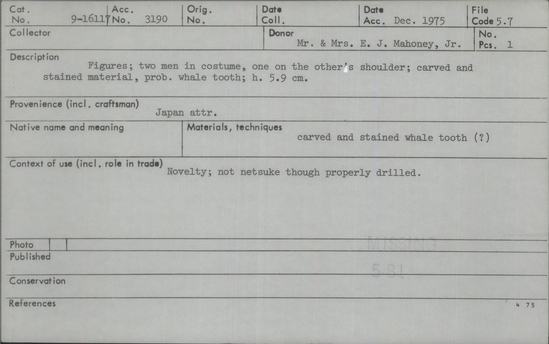 Documentation associated with Hearst Museum object titled Figures, accession number 9-16117, described as Figures; two men in costume, one on the other's shoulder; carved and stained material, prob. whale tooth; h. 5.9 cm.