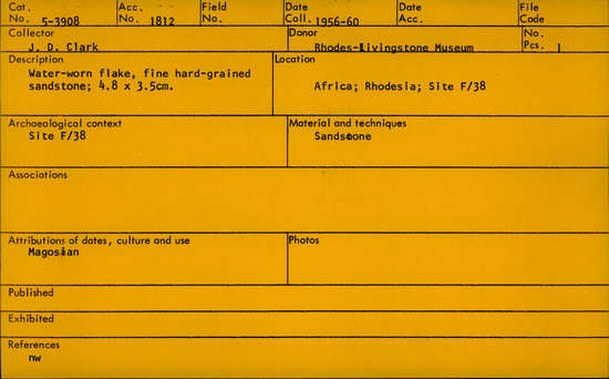 Documentation associated with Hearst Museum object titled Flake, accession number 5-3908, described as Water-worn flake, fine hard-grained sandstone;