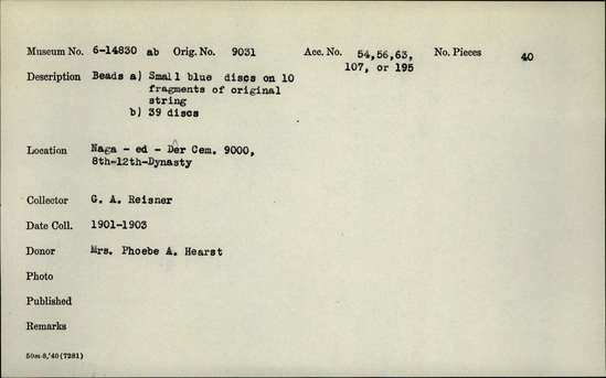 Documentation associated with Hearst Museum object titled Beads, accession number 6-14830, described as a) Small blue discs on 10 fragments of original string; b) 39 discs