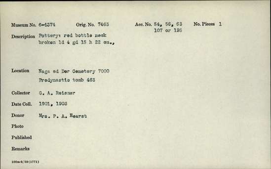 Documentation associated with Hearst Museum object titled Broken bottle, accession number 6-4374, described as Pottery: red bottle neck broken; least diameter 4 cm, greatest diameter 15 cm, height 22 cm.