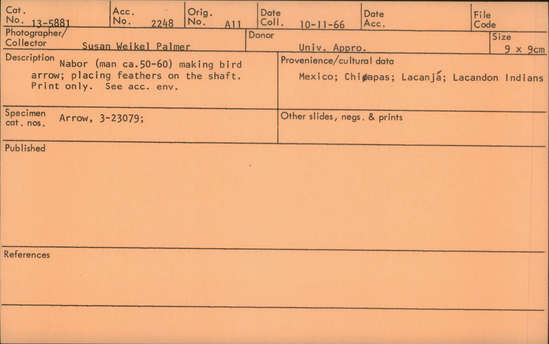 Documentation associated with Hearst Museum object titled Black-and-white print, accession number 13-5881, described as Nabor (man ca. 50-60) making bird arrow; placing feathers on shaft. Print only. See accession envelope.