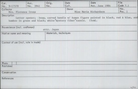 Documentation associated with Hearst Museum object titled Letter opener, accession number 9-17570, described as Letter opener: bone, carved handle with human figure painted in black, red and blue, and bamboo in green and black; white “mystery fiber” tassle. 15 cml.