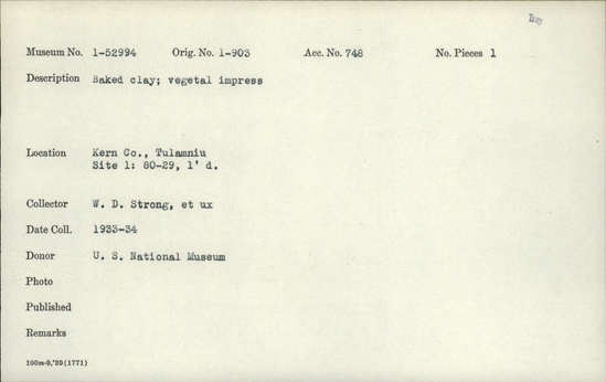 Documentation associated with Hearst Museum object titled Baked clay, accession number 1-52994, described as Vegetal impress