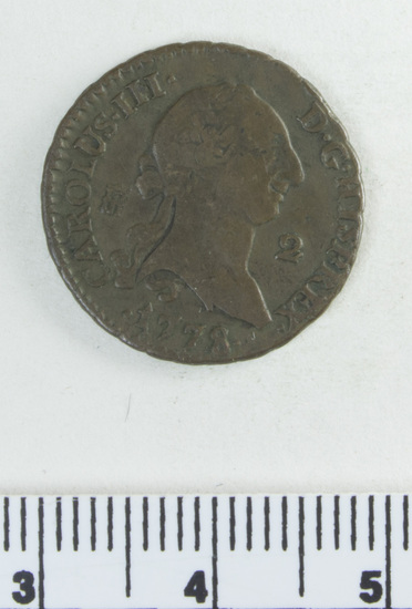 Hearst Museum object 2 of 4 titled Coin, accession number 7-4270, described as Spanish coin, copper, number two inscribed on obverse, value unknown, obverse head of Charles III, reverse lions and castles in cross, date 1778.