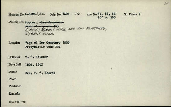 Documentation associated with Hearst Museum object titled Hook and wires, accession number 6-3494a,b,c, described as Copper a) hook, b) bent wire, one end flattened, c) bent wire