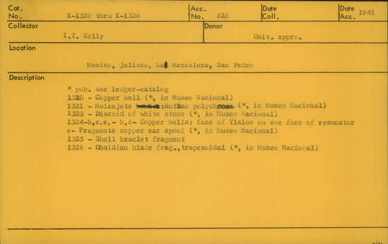 Documentation associated with Hearst Museum object titled Bracelet fragment, accession number K-1325, described as Shell bracelet fragment.