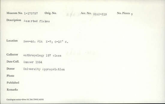 Documentation associated with Hearst Museum object titled Assorted flakes, accession number 1-173797, described as Assorted flakes.