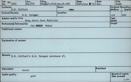 Documentation associated with Hearst Museum object titled Audio recording, accession number 24-2661, described as Song about Deer Medicine