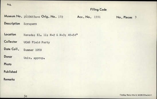 Documentation associated with Hearst Museum object titled Scrapers, accession number 2-33683a-c, described as Scrapers