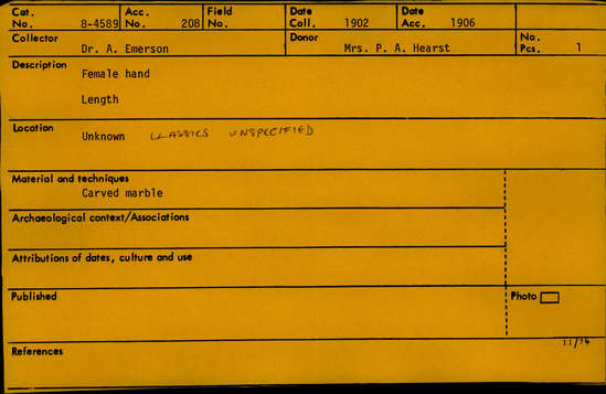 Documentation associated with Hearst Museum object titled Female hand, accession number 8-4589, described as Female hand; carved marble.