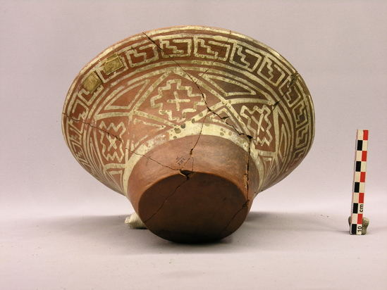 Hearst Museum object 4 of 9 titled Bowl, accession number 4-3312, described as Large flaring flat-bottomed bowl, red, white design