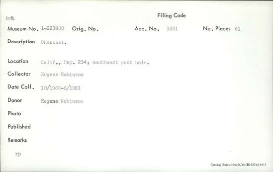 Documentation associated with Hearst Museum object titled Charcoal, accession number 1-223900, described as Charcoal.