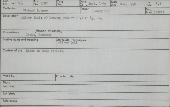Documentation associated with Hearst Museum object titled Foil, accession number 9-11634, described as Silver foil; twenty leaves; packet 14.3 x 14.3 cm