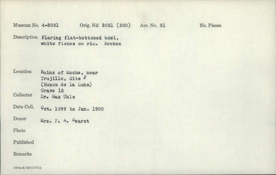Documentation associated with Hearst Museum object titled Broken bowl, accession number 4-3051, described as Flaring flat-bottomed bowl, white fishes on rim. Broken.