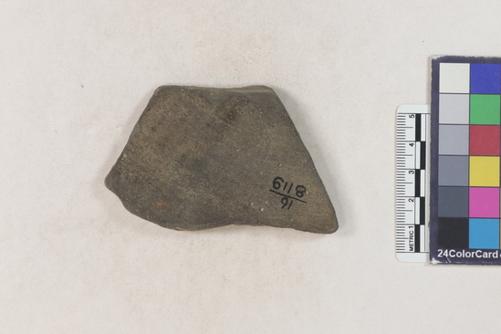 Hearst Museum object titled Potsherd, accession number 16-8119, described as Potsherd; body, long crosshatches. Section of Manta on Beach currently inhabited. Numbers  8111 to 8194 are sherds picked up on beach at low tide.