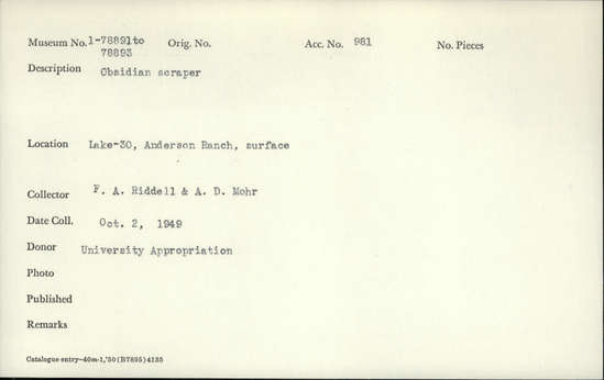 Documentation associated with Hearst Museum object titled Scraper, accession number 1-78891, described as Obsidian.