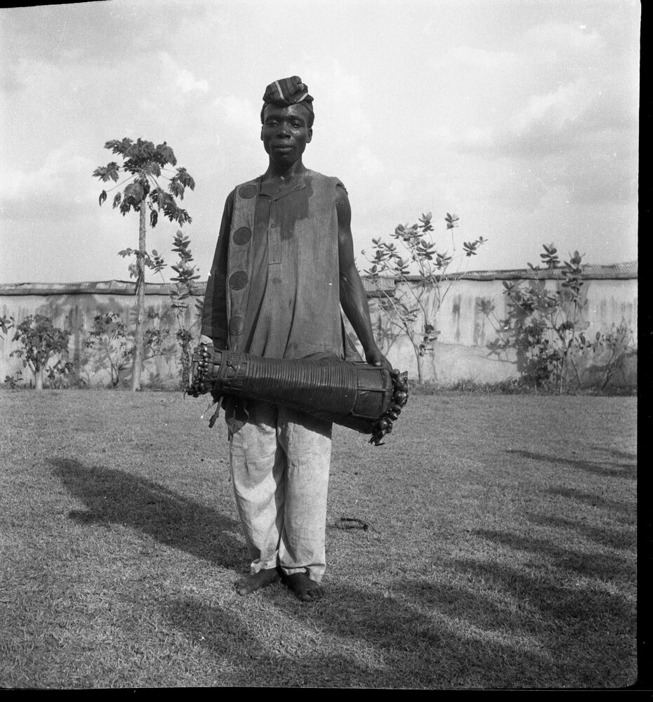 Hearst Museum object titled Black-and-white negative, accession number 15-31826, described as Black-and-white negative, Nigeria, Oyo, Shango, Bata drummers, 1951