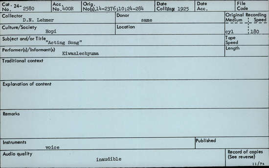 Documentation associated with Hearst Museum object titled Audio recording, accession number 24-2580, described as Acting Song