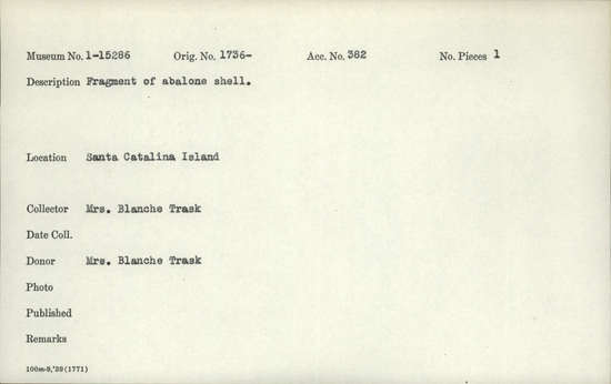 Documentation associated with Hearst Museum object titled Shell fragment, accession number 1-15286, described as Abalone.