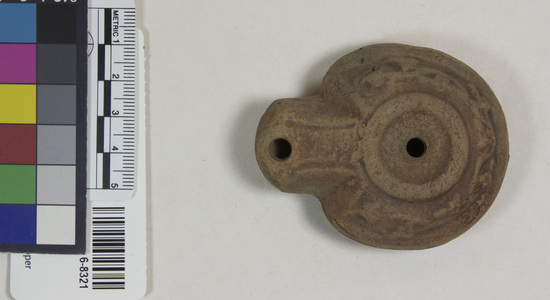 Hearst Museum object 6 of 7 titled Oil lamp, accession number 6-8321, described as Pottery lamp, classic type.
