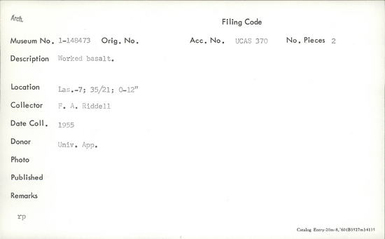 Documentation associated with Hearst Museum object titled Lithic, accession number 1-148473, described as Worked.