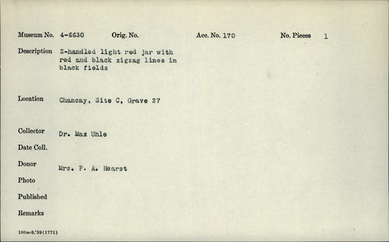 Documentation associated with Hearst Museum object titled Jar, accession number 4-6630, no description available.