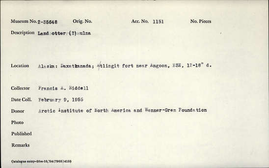 Documentation associated with Hearst Museum object titled Mammal bone, accession number 2-35648, described as Land otter ? ulna