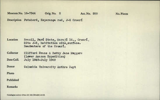 Documentation associated with Hearst Museum object titled Potsherds, accession number 16-7344, described as Esperanza red