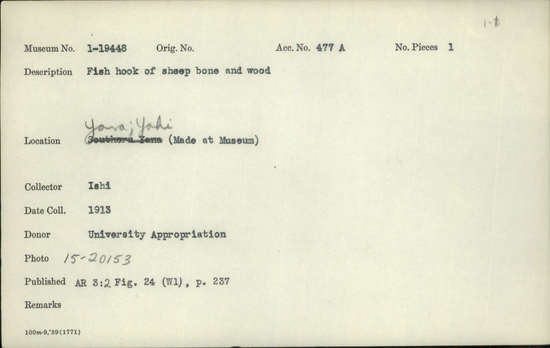Documentation associated with Hearst Museum object titled Fishhook, accession number 1-19448, described as Compound fishhook of sheep bone attached to wood with sinew. Gifford bone tool type W1.