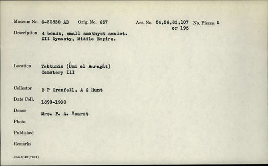 Documentation associated with Hearst Museum object titled Beads and amulet, accession number 6-20830a,b, described as four beads, small amethyst amulet. XII Dynasty, Middle Empire