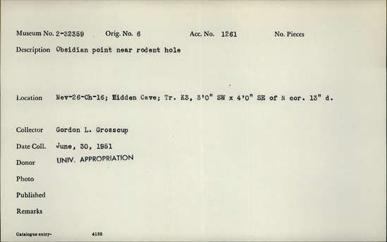 Documentation associated with Hearst Museum object titled Stone point, accession number 2-32359, described as Obsidian point near rodent hole.