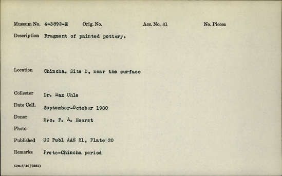 Documentation associated with Hearst Museum object titled Spatula: sherds; bead, accession number 4-3892e, no description available.
