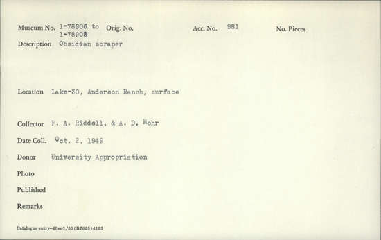 Documentation associated with Hearst Museum object titled Scraper, accession number 1-78908, described as Obsidian.