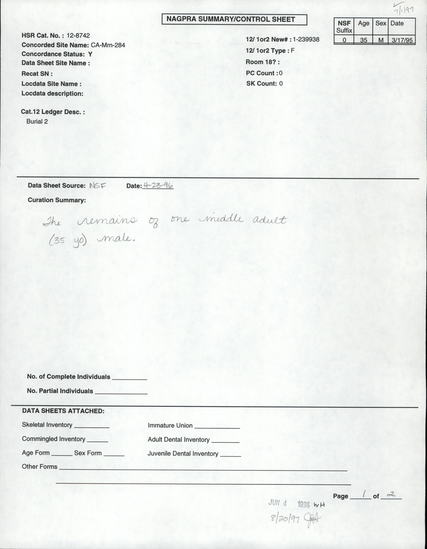 Documentation associated with Hearst Museum object titled Human remains, accession number 12-8742, described as Remains of one middle adult (35 year old) male.