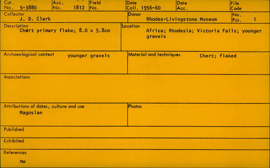 Documentation associated with Hearst Museum object titled Flake, accession number 5-3880, described as Chert primary flake