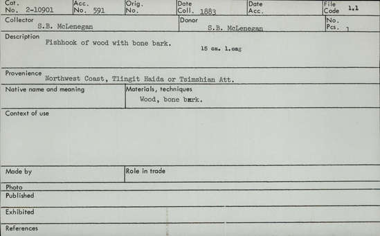 Documentation associated with Hearst Museum object titled Fishhook, accession number 2-10901, described as Made of wood with bone bark.