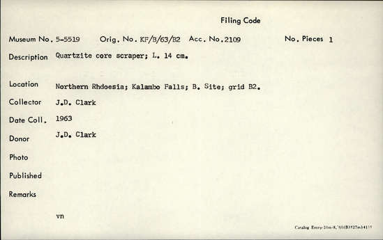 Documentation associated with Hearst Museum object titled Scraper, accession number 5-5519, described as Quartzite core scraper; L. 14 cm