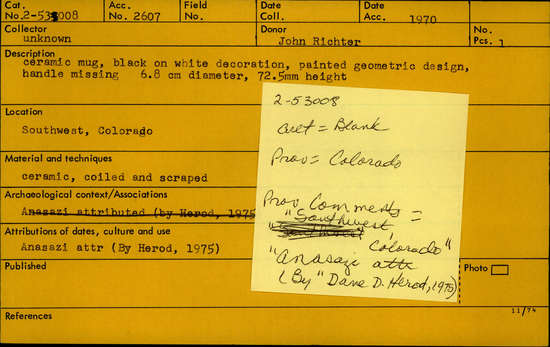 Documentation associated with Hearst Museum object titled Mug, accession number 2-53008, described as Ceramic. Black on white decoration, painted geometric design, handle missing. Coiled and scraped.