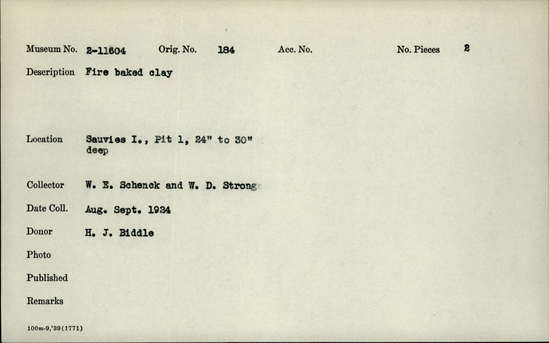 Documentation associated with Hearst Museum object titled Baked clay, accession number 2-11604, described as Fire baked.