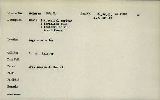 Documentation associated with Hearst Museum object titled Beads, accession number 6-16288, described as Beads: 4 spherical various, 1 carnelian disc, 1 rectangular with 4 cut faces.