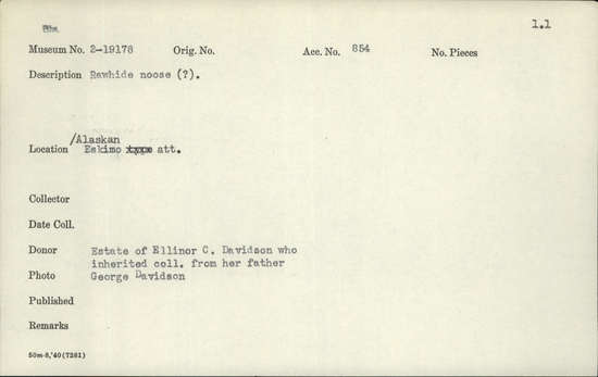 Documentation associated with Hearst Museum object titled Noose ?, accession number 2-19178, described as Rawhide.